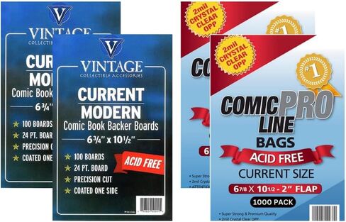 Comic Book Bags and Boards - 200 Current Size Bags and 200 Current Modern Backer Boards Book 24 Pt for Comic Book kit, Clear in Saudi Arabia