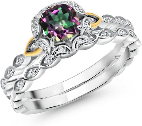 Gem Stone King 925 Silver and 10K Yellow Gold Lab Grown Diamond Bridal Ring Set for Women Green Mystic Topaz (1.13 Cttw, 5mm Cushion Cut, Available in Size 5,6,7,8,9) in Saudi Arabia
