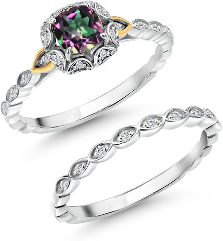 Gem Stone King 925 Silver and 10K Yellow Gold Lab Grown Diamond Bridal Ring Set for Women Green Mystic Topaz (1.13 Cttw, 5mm Cushion Cut, Available in Size 5,6,7,8,9) in Saudi Arabia