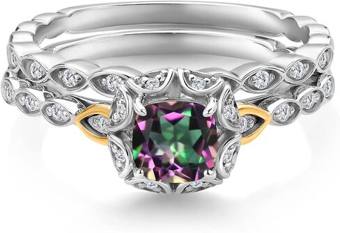 Gem Stone King 925 Silver and 10K Yellow Gold Lab Grown Diamond Bridal Ring Set for Women Green Mystic Topaz (1.13 Cttw, 5mm Cushion Cut, Available in Size 5,6,7,8,9) in Saudi Arabia