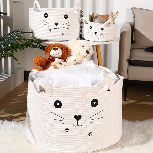 Zopeal 3 Pcs Cat Basket Storage Woven Basket Organizer with Ears Decorative Set of 3 Size Pet Toy Cute Basket Cotton Rope Basket for Gift Toy Bin Nursery Room Assorted Size for Organizing in Saudi Arabia