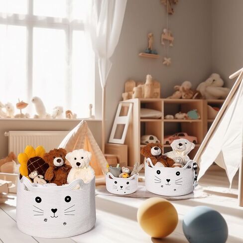 Zopeal 3 Pcs Cat Basket Storage Woven Basket Organizer with Ears Decorative Set of 3 Size Pet Toy Cute Basket Cotton Rope Basket for Gift Toy Bin Nursery Room Assorted Size for Organizing in Saudi Arabia
