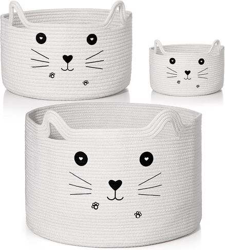 Zopeal 3 Pcs Cat Basket Storage Woven Basket Organizer with Ears Decorative Set of 3 Size Pet Toy Cute Basket Cotton Rope Basket for Gift Toy Bin Nursery Room Assorted Size for Organizing in Saudi Arabia