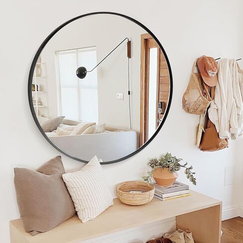 مرآة مستديرة مقاس 24 بوصة للجدار، مرآة دائرية للحمام باللون الأسود، مرايا تزيين بإطار معدني لديكور غرفة النوم، سهلة الإعداد للخدمة الشاقة in Kuwait
