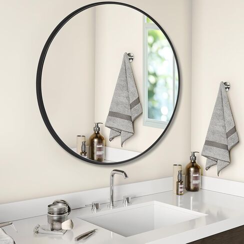 مرآة مستديرة مقاس 24 بوصة للجدار، مرآة دائرية للحمام باللون الأسود، مرايا تزيين بإطار معدني لديكور غرفة النوم، سهلة الإعداد للخدمة الشاقة in Kuwait