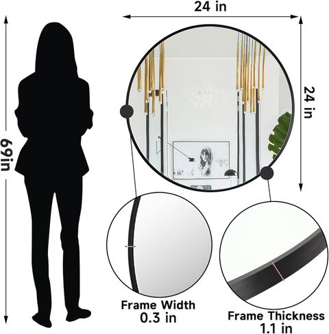 مرآة مستديرة مقاس 24 بوصة للجدار، مرآة دائرية للحمام باللون الأسود، مرايا تزيين بإطار معدني لديكور غرفة النوم، سهلة الإعداد للخدمة الشاقة in Kuwait