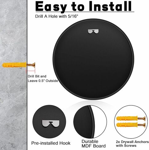 مرآة مستديرة مقاس 24 بوصة للجدار، مرآة دائرية للحمام باللون الأسود، مرايا تزيين بإطار معدني لديكور غرفة النوم، سهلة الإعداد للخدمة الشاقة in Kuwait