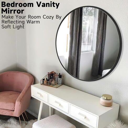 مرآة مستديرة مقاس 24 بوصة للجدار، مرآة دائرية للحمام باللون الأسود، مرايا تزيين بإطار معدني لديكور غرفة النوم، سهلة الإعداد للخدمة الشاقة in Kuwait