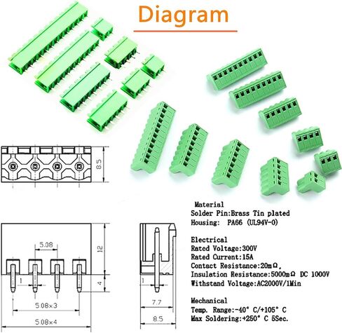 10 أزواج 2/3/4/5/6/7/8/9/10/11P دبوس 5.08 مم ذكر Feamle نوع التوصيل PCB Mount برغي طرفي كتل الزاوية اليمنى مجموعة متنوعة، موصلات AC 300V 15A(IEC)/10A(UL) in Kuwait
