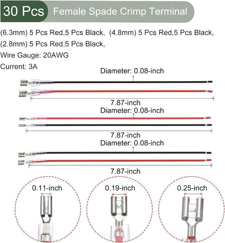 YOKIVE 30 Pcs Female Spade Crimp Terminal, Home Wire Connector with Insulating Sleeve Connect Cable Great for Kitchen,Office (Black&Red, 0.25&0.11&0.19-Inch) in Saudi Arabia