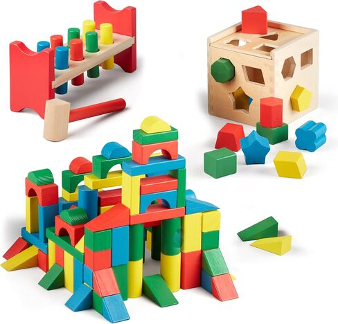 Melissa & Doug Stack, Sort & Pound Wooden Toy Collection (Building Blocks, Shape Sorter, Pounding Bench) in Saudi Arabia