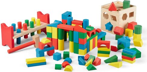 Melissa & Doug Stack, Sort & Pound Wooden Toy Collection (Building Blocks, Shape Sorter, Pounding Bench) in Saudi Arabia