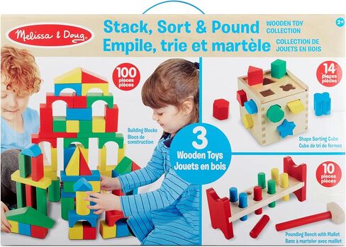 Melissa & Doug Stack, Sort & Pound Wooden Toy Collection (Building Blocks, Shape Sorter, Pounding Bench) in Saudi Arabia