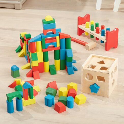 Melissa & Doug Stack, Sort & Pound Wooden Toy Collection (Building Blocks, Shape Sorter, Pounding Bench) in Saudi Arabia