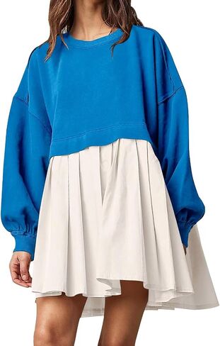 Women's Oversized Sweatshirt Dress Long Sleeve Crewneck Pullover Top Loose Sweatshirt Knee Mini Pleated in Saudi Arabia