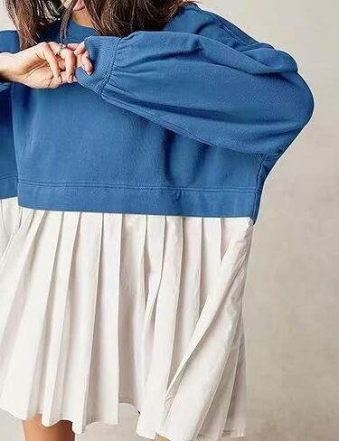 Women's Oversized Sweatshirt Dress Long Sleeve Crewneck Pullover Top Loose Sweatshirt Knee Mini Pleated in Saudi Arabia