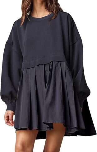 Women's Oversized Sweatshirt Dress Long Sleeve Crewneck Pullover Top Loose Sweatshirt Knee Mini Pleated in Saudi Arabia