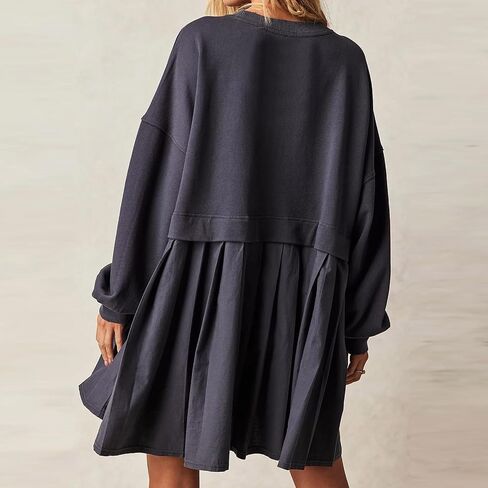 Women's Oversized Sweatshirt Dress Long Sleeve Crewneck Pullover Top Loose Sweatshirt Knee Mini Pleated in Saudi Arabia