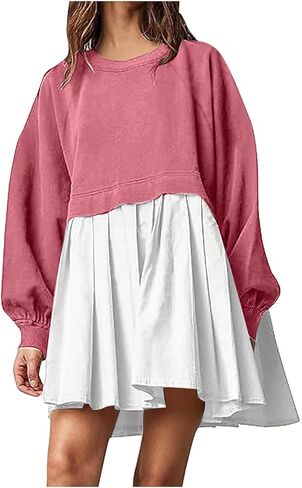 Women's Oversized Sweatshirt Dress Long Sleeve Crewneck Pullover Top Loose Sweatshirt Knee Mini Pleated in Saudi Arabia