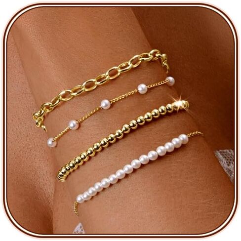Gold Pearl Beaded Bracelets for Women, 14K Gold Plated Bead Pearl Bracelet Stack Jewelry Sets Paperclip Link Chain Bracelet Gold Bracelets for Women Teen Girls Trendy Jewelry in Saudi Arabia