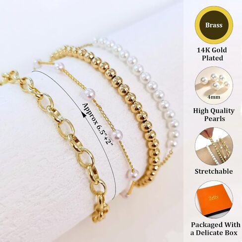 Gold Pearl Beaded Bracelets for Women, 14K Gold Plated Bead Pearl Bracelet Stack Jewelry Sets Paperclip Link Chain Bracelet Gold Bracelets for Women Teen Girls Trendy Jewelry in Saudi Arabia