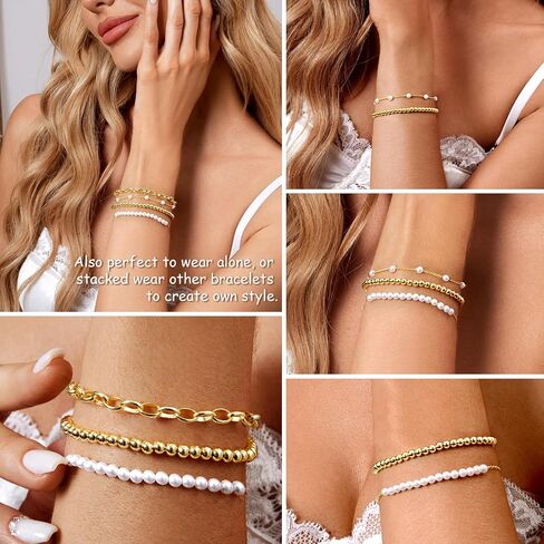 Gold Pearl Beaded Bracelets for Women, 14K Gold Plated Bead Pearl Bracelet Stack Jewelry Sets Paperclip Link Chain Bracelet Gold Bracelets for Women Teen Girls Trendy Jewelry in Saudi Arabia