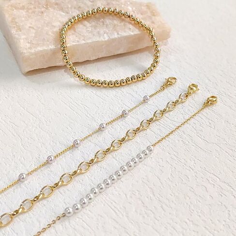 Gold Pearl Beaded Bracelets for Women, 14K Gold Plated Bead Pearl Bracelet Stack Jewelry Sets Paperclip Link Chain Bracelet Gold Bracelets for Women Teen Girls Trendy Jewelry in Saudi Arabia