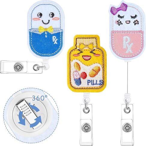 3 Pieces Pill Nurse Badge Reel Retractable Pill Bottle Badge Reel Happy Pill Girl Badge Holder Felt ID Name Badge Holder with 360 Degree Swivel Alligator Clip for Nurse Doctor Student Teacher in Saudi Arabia