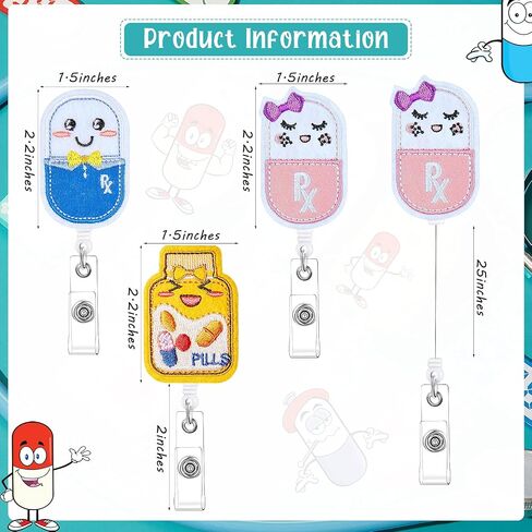 3 Pieces Pill Nurse Badge Reel Retractable Pill Bottle Badge Reel Happy Pill Girl Badge Holder Felt ID Name Badge Holder with 360 Degree Swivel Alligator Clip for Nurse Doctor Student Teacher in Saudi Arabia