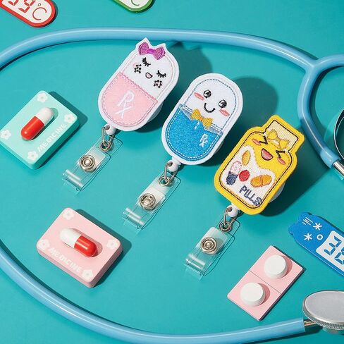 3 Pieces Pill Nurse Badge Reel Retractable Pill Bottle Badge Reel Happy Pill Girl Badge Holder Felt ID Name Badge Holder with 360 Degree Swivel Alligator Clip for Nurse Doctor Student Teacher in Saudi Arabia