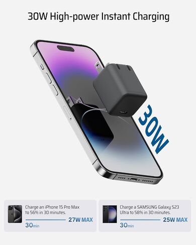 30W GaN Mini Charger, USB C Fast Charger, Foldable Plug Wall Charger, PD 3.0/ PPS Protocol, GaN III Power Adapter for iPhone15/14/13/12 Series, Galaxy S24, Pixel, iPad, and More in Saudi Arabia