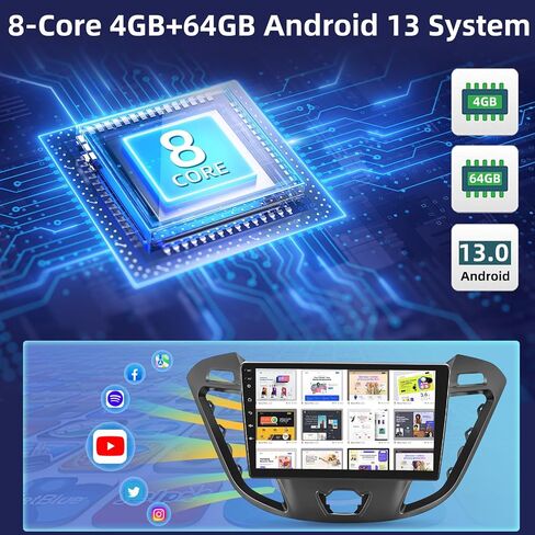8 Core [4G+64G] راديو سيارة لسيارة Ford Transit 2013 2014 2015 2016 2017 2018 2019 2020 2021 - Android 13 شاشة لمس ستيريو، DSP 32 EQ/IPS Screen/Carplay/Android Auto/SWC/BT 5.0/WiFi in Kuwait
