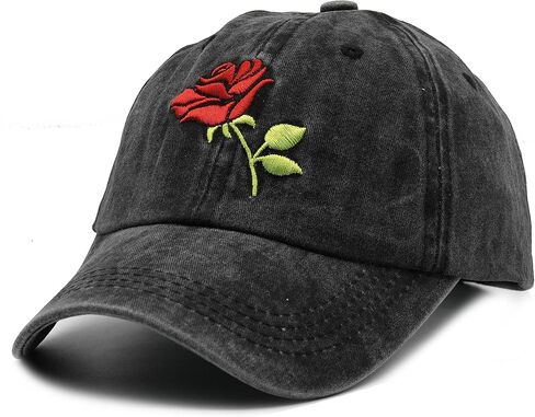 Women's Embroideried Floral Rose Baseball Caps Summer Adjustable Denim Dad Hat Black in Saudi Arabia