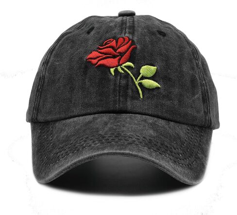 Women's Embroideried Floral Rose Baseball Caps Summer Adjustable Denim Dad Hat Black in Saudi Arabia