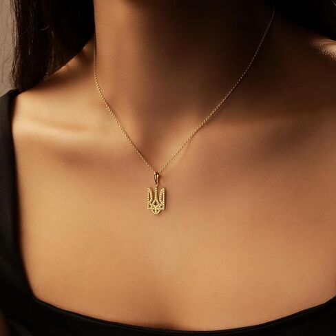 Tryzub Ukrainian Pendant 18K Gold Plated 925 Sterling Silver with Cubic Zirconia Stones | Minimalistic Symbolic Ukraine Necklace | Dainty Inspired Jewelry Gift in Saudi Arabia
