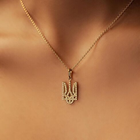 Tryzub Ukrainian Pendant 18K Gold Plated 925 Sterling Silver with Cubic Zirconia Stones | Minimalistic Symbolic Ukraine Necklace | Dainty Inspired Jewelry Gift in Saudi Arabia