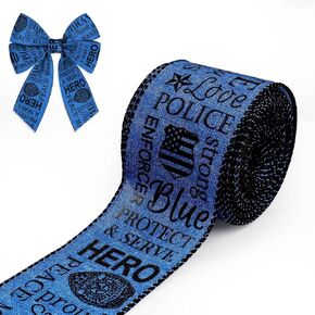 Hying Police Support Ribbons for Wreath Bows, 2.5"×10 Yards Law Enforcement Wired Edge Ribbons Navy Blue Burlap Ribbon Memorial Day Patriotic Ribbons for Crafting Police Support Decorations Supplies