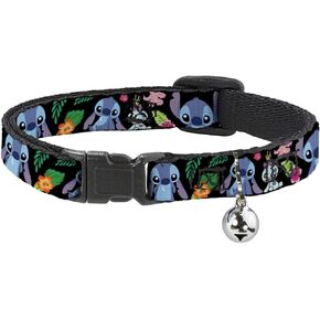 Cat Collar Breakaway Ohana Means Family Stitch Scrump Poses Tropical Flora Black 8 to 12 Inches 0.5 Inch Wide