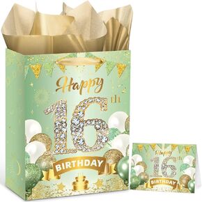 Sage Green 16th Birthday Decorations for Girls Green Gold 16th Birthday Gift Bag with Tissue Paper and Card Sweet 16 Gifts for Girls Happy 16th Wrapping Paper Bag for 16th Birthday Party Decorations
