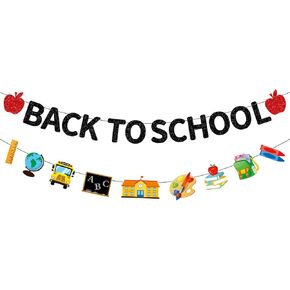 Glitter Back To School Banner with Apple School Bus Signs Black Glittery First Day Of School Garland Banner Welcome Back To School Party Fireplace Mantle Decorations Supplies School Classroom