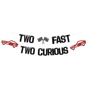 Two Fast Two Curious Banner - Boy's 2nd Birthday Car Theme, Racing Car Party Decor, Cheers to 2nd Birthday Celebration Supplies in Black and Red
