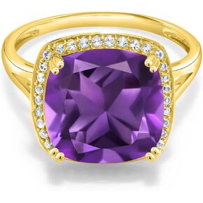 Gem Stone King 10K Yellow Gold Customized and Personalized 10MM Cushion Cut Gemstone Birthstone and White Created Sapphire Ring For Women