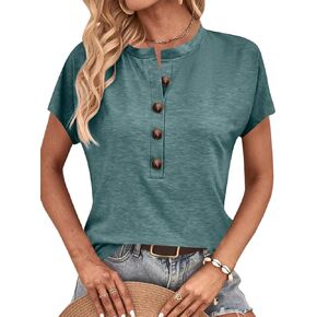 Rooscier Women's Round Neck Short Sleeve Button Front Tunic Shirt Blouse Tops