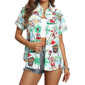 قمصان KIDDAD النسائية لعيد الميلاد لشهر يوليو، قميص هاواي سانتا كلوز بأزرار سفلية وأكمام قصيرة وأزرار لأعلى in Kuwait