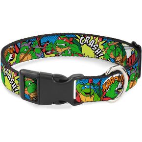 Dog Collar Plastic Clip Ninja Turtles Action Poses Action Bubbles Dots Blues 9 to 15 Inches 1.0 Inch Wide