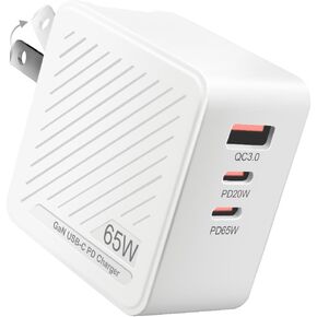 65W GaN USB C Wall Charger Block, SIMDOG 3-Port Foldable Fast Charging Block Dual Port PD+Type C Charging Block for iPhone 11/12/13/14/15 Series, XS/XS Max/XR/X, iPad, Galaxy, Tablets and More-White