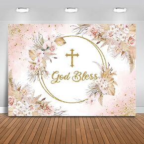 Mocsicka Boho God Bless Backdrop Baptism Bohemian Pampas Grass Blush Baby Shower Party Decorations Photo Backdrops Boho Floral First Holy Communion Christening Photography Background (5x3ft)