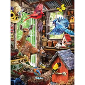Bits and Pieces - 300 Piece Jigsaw Puzzle for Adults 18" x 24" - Nesting in The Shed - 300 pc Coundry Garden Shed Animal Nature Bird Farm Doe Wildlife Birdhouse Jigsaw by Artist Larry Jones