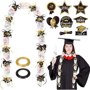 Whaline Graduation Candy Lei Making Kit, 32.8Ft Black Gold DIY Candy Wreath 2024 Graduation Leis Decor with 120Pcs Cutouts 2 Roll Ribbon Congrats Grad Candy Necklace for Grad Party Craft Supplies