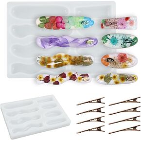 Hairpin Resin Mold, Hair Clip Silicone Molds with 8 Pcs Hair Clip Accessories, Irregular Edge Hair Clips Mold Epoxy Casting Mould for DIY Jewelry Making, Pendants, Keychains, Resin Crafts